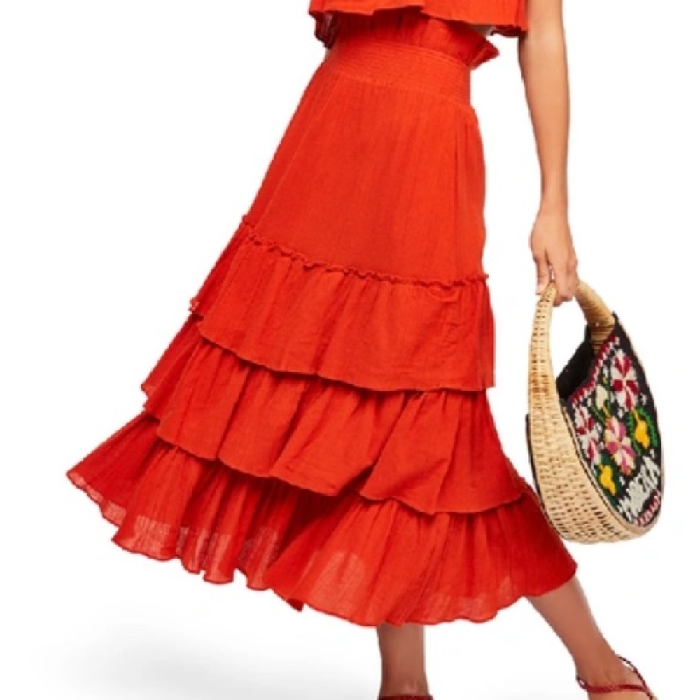Free People Burnt Orange Tangerine Sea Breeze Tiered Midi Skirt Womens Small